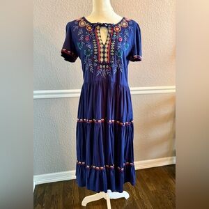 Johnny Was Sicilia Tiered Knit Dress Size S Blue Embroidered Midi Boho Peasant